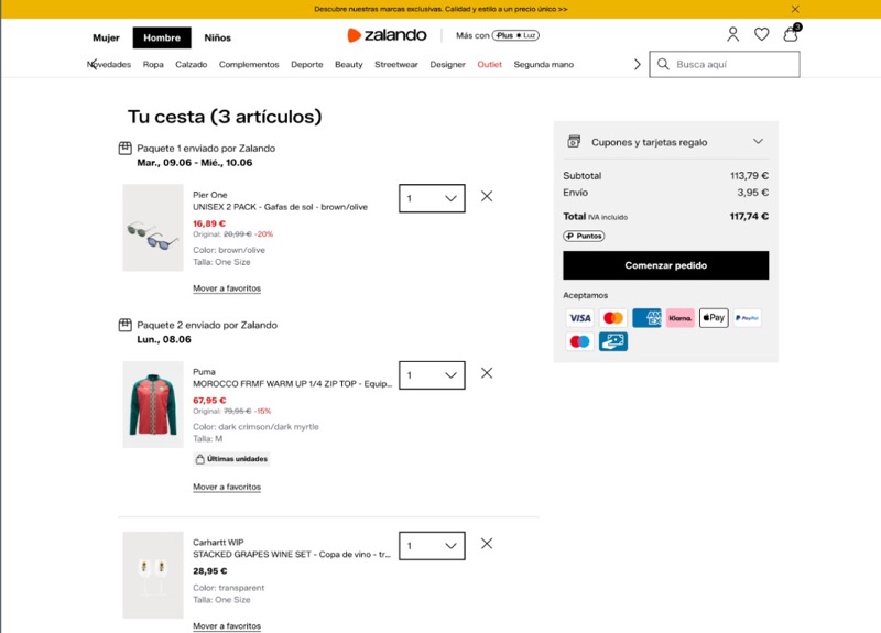 Zalando shopping cart with checkout friction points